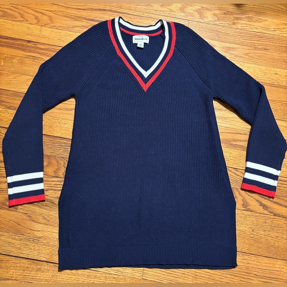 For The Republic Navy V-Neck Sweater with Red and White Trim